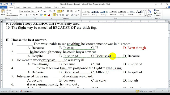Bài tập trắc nghiệm về although in spite of despite năm 2024