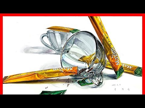 [기초디자인] 1분만에 보는 유리컵 맥심커피 수채화 과정 Watercolor Painting (Glass & Coffe Stick)