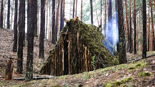 Medieval bushcraft house for survival in the rainy forest