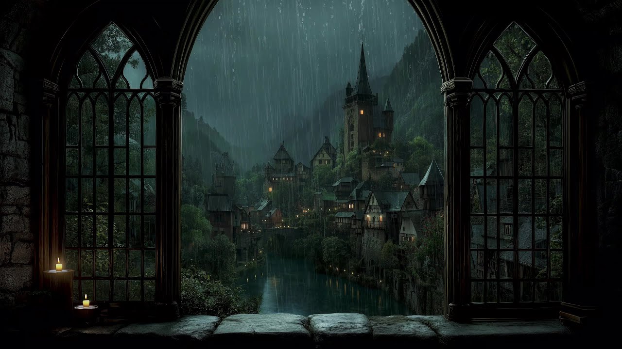 Relief Insomnia and Relax with Rain Sounds and Thunder from Medieval Castle Window