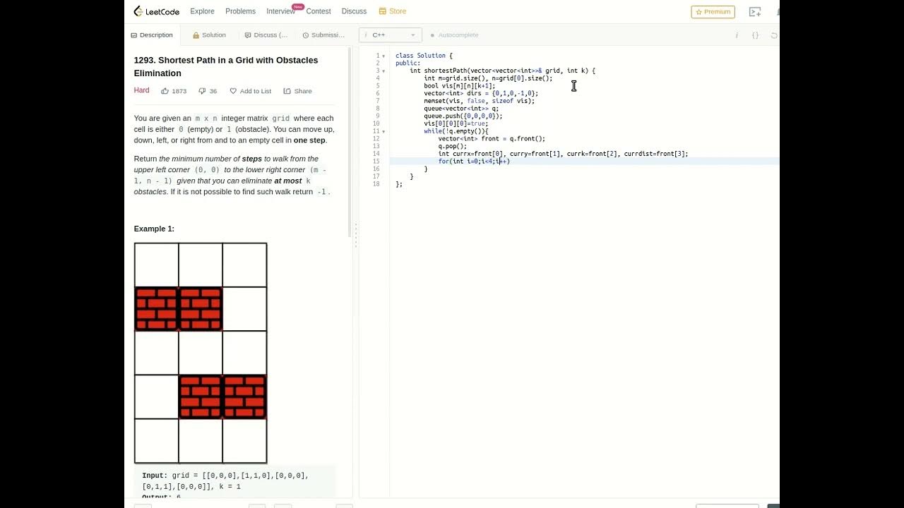 1293. Shortest Path in a Grid with Obstacles Elimination |Short Code ...