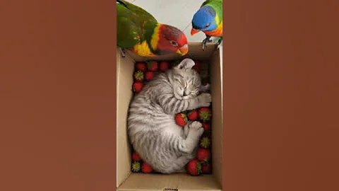 Watch the video about Adorable American Curl Kitten Sleeps in a Strawberry Box with a Parrot! #DreamScreenAi