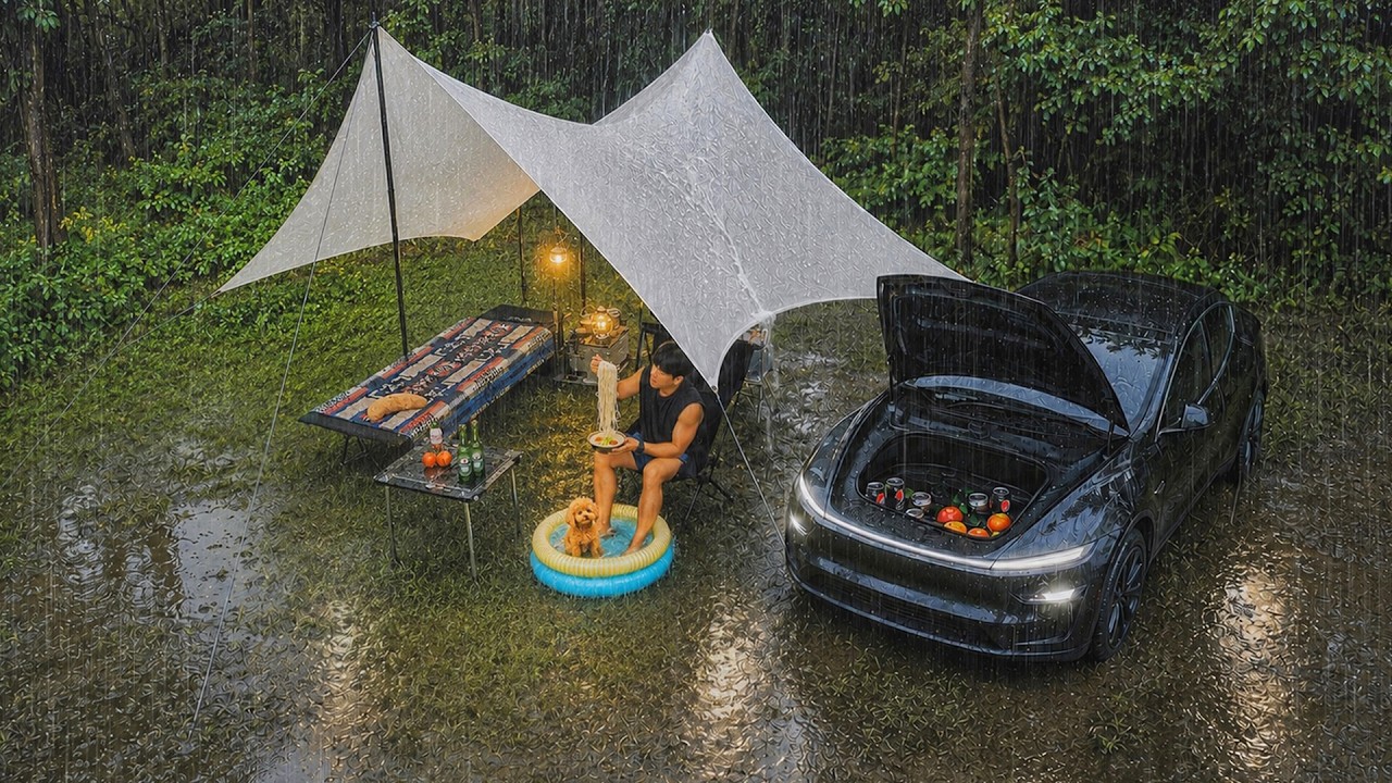 ⁣40℃ Heavy Rain Camping in a Tesla Model Y Juniper with My Dog . Sound of Rain ASMR