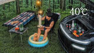 40℃ Heavy Rain Camping in a Tesla Model Y Juniper with My Dog . Sound of Rain ASMR screenshot 4