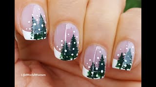 Winter FRENCH MANICURE With Fir Tree Nail Art Design ~ Holiday Season 2021