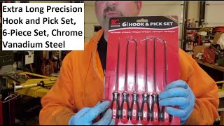 Extra Long Precision Hook and Pick Set, 6-Piece Set, Chrome Vanadium Steel Shaft. Great O Ring Tool