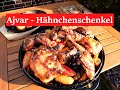 Knusprige Grill Ajvar - Hähnchenschenkel auf dem Gasgrill mit Gemüse und Baguette BBQ Chicken recipe