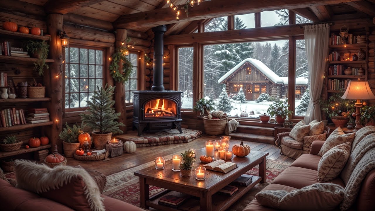 ✨ Cozy Cabin Ambience | Crackling Fireplace Sound & Falling Snow | Relaxing Winter To Sleep & Study