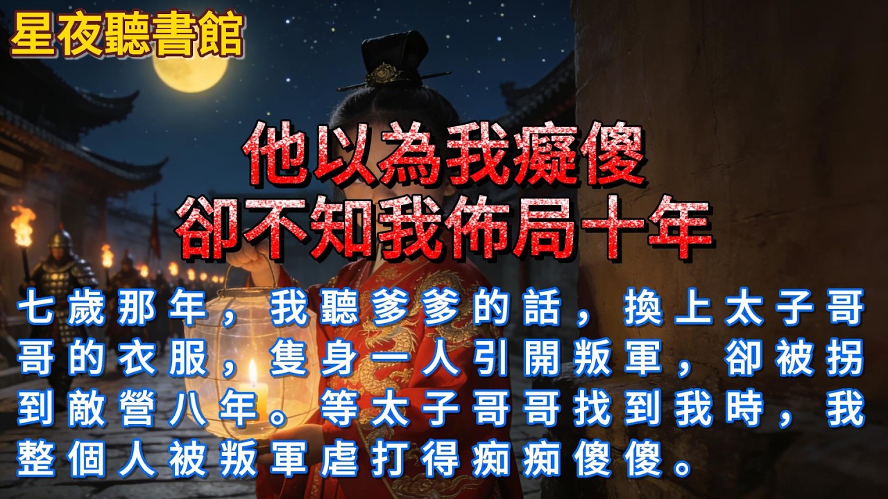 《他以為我癡傻，卻不知我佈局十年》七歲那年，我聽爹爹的話，換上太子哥哥的衣服，隻身一人引開叛軍，卻被拐到敵營八年。等太子哥哥找到我時，我整個人被叛軍虐打得痴痴傻傻。#爽文 #一口氣看完 #重生故事