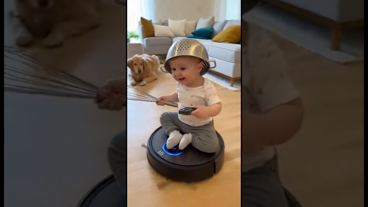 Der kleinste Ritter der Welt auf seinem Staubsauger-Pferd 🤣 #funnybaby #robotvacuum #epicmoments