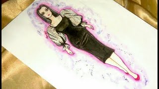 تصميم الازياء/How to draw a dress with tulle sleeves كيفية رسم فستان اسود بأكمام تول