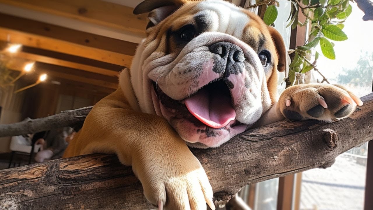 Bulldog is trying to bring a tree branch in the house! - YouTube