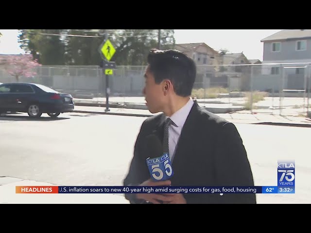 KTLA live shot on hit-and-run interrupted by car wreck class=