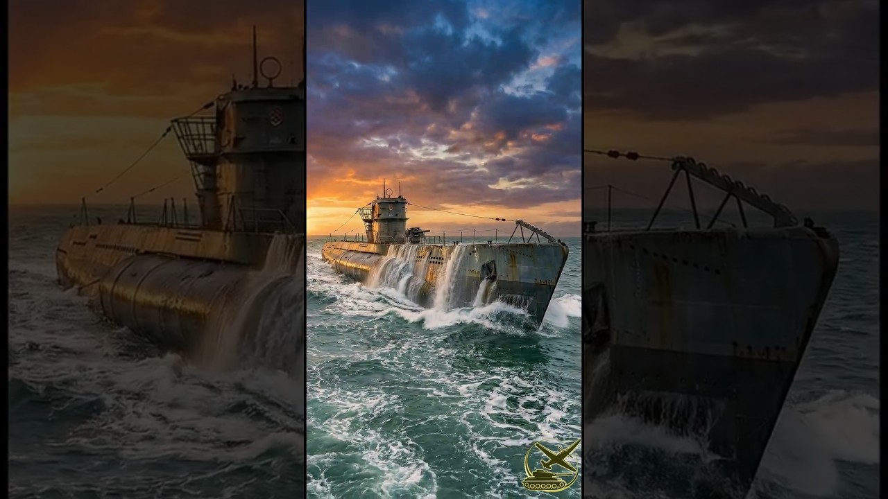4K colorized restoration of IJN I-400 submarine breaking through heavy Pacific swell at sunset