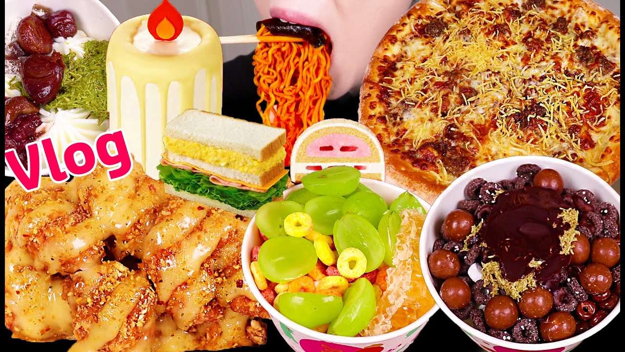 먹방 브이로그/ 여러가지 신메뉴 막차 탑승했슴다,,✨(맘스터치 골든갈릭와우순살+불닭/요아정두바이/스타벅스신상케이크/파파존스스테이크크런치피자/디저트먹방)