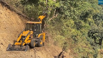 Huge Trees Felling Down & Widening Narrow Mountain Road with JCB Backhoe