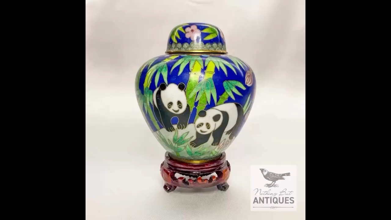 Vintage Chinese Cloisonne Panda & Bamboo Ginger Jar, 4 in., ca. 1960s - 70s