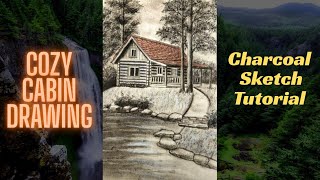 Time Lapse Cozy Cabin Charcoal Drawing Tutorial | Easy Landscape Sketch for Beginners.