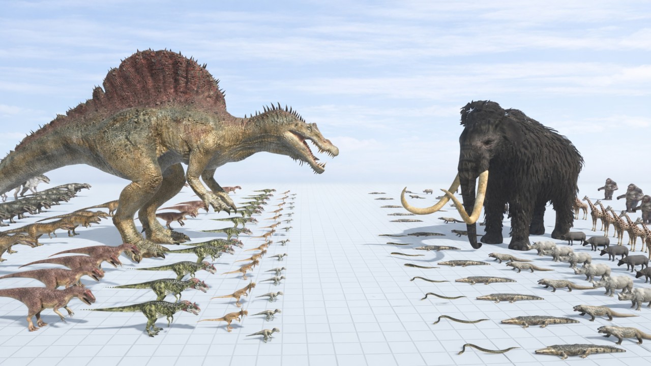 Spinosaurus Leads Dinosaurs vs Mammoth Leads Mammals – Cinematic Battlefield Simulation