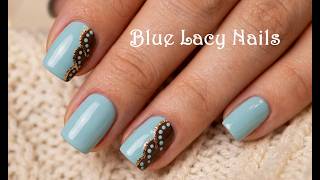 Pretty Lacy Nails | Elegant Blue & Brown Nail Art | Easy Short Nail Design