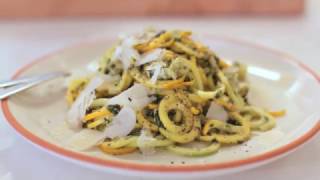 Zucchini Pesto Pasta (using a spiralizer and mortar &amp; pestle)