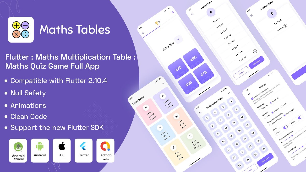 flutter maths multiplication tables: maths quiz full app ready to publish