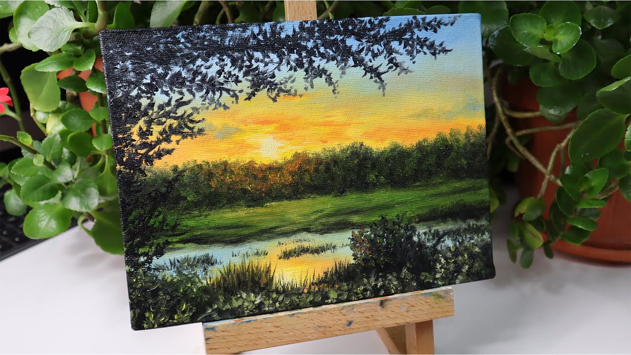 Landscape painting time-lapse made with oil paint | “Sunset over the lake”