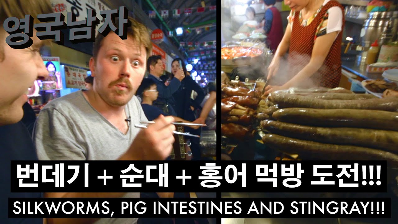 한국 처음 가본 영국인!! 광장시장에서 번데기+순대+홍어 먹방 도전!!!  //  Silk Worms and Stingray at a Korean Market!!!