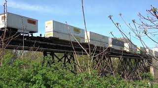 Famous UP 8957 & 6198 on bridge on NS line in Westfield, NY.  Short Intermodal freight train. Wealth