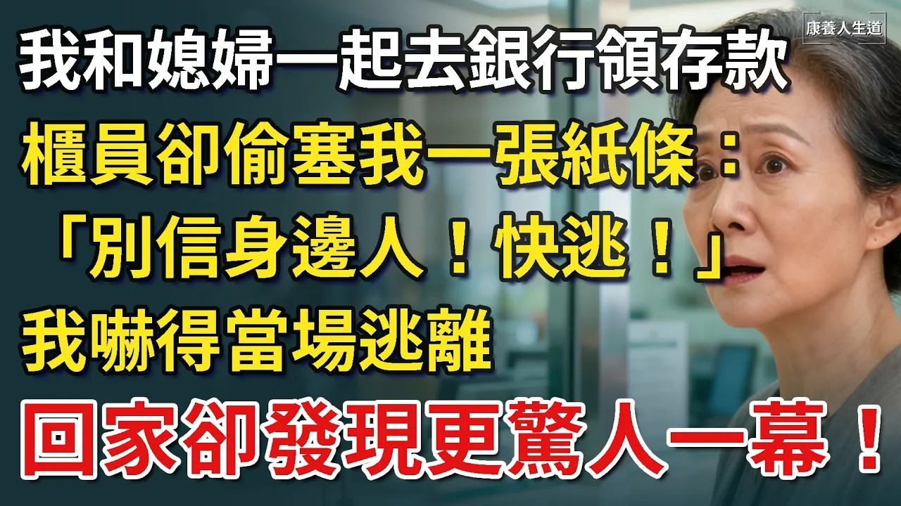 我和媳婦一起去銀行領存款，櫃員卻偷塞我一張紙條：「快逃」。我嚇得當場逃離，回家發現更驚人的一幕！​【康養人生道】 #康養人生道 #上了年紀該明白的事 #養老 #聰明老人 #長壽秘密 #延壽 #長壽