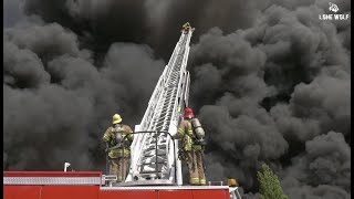 Massive 5 Alarm Commercial Structure Fire Burns 10 Acres Of Cardboard