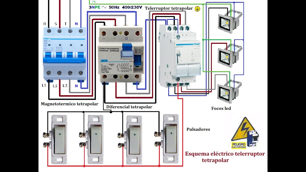 conexión eléctrica para telerruptor tetrapolar