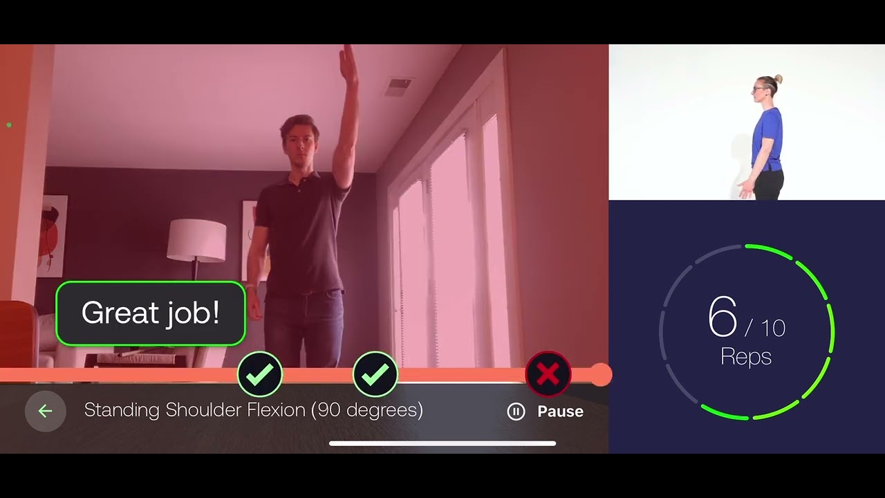 Standing shoulder flexion demonstration with participant, reference movement and repetition counter