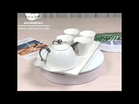 Modern White Tea Set With Silver Lines