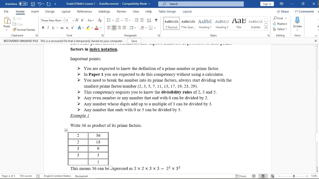 LESSON 5, EXPRESS A NUMBER AS A PRODUCT OF IT PRIME FACTORS, GRADE 8 ...