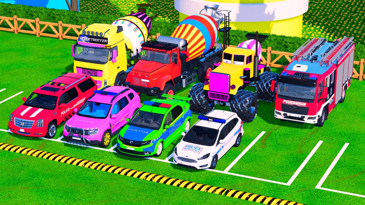 Перевозка разноцветных полицейских машин, бетоносмесителя и пожарной машины в гараж 🚓🚙 | Задание п