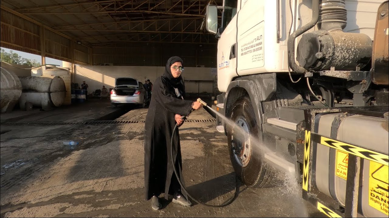 First time truck woman washing truck girl