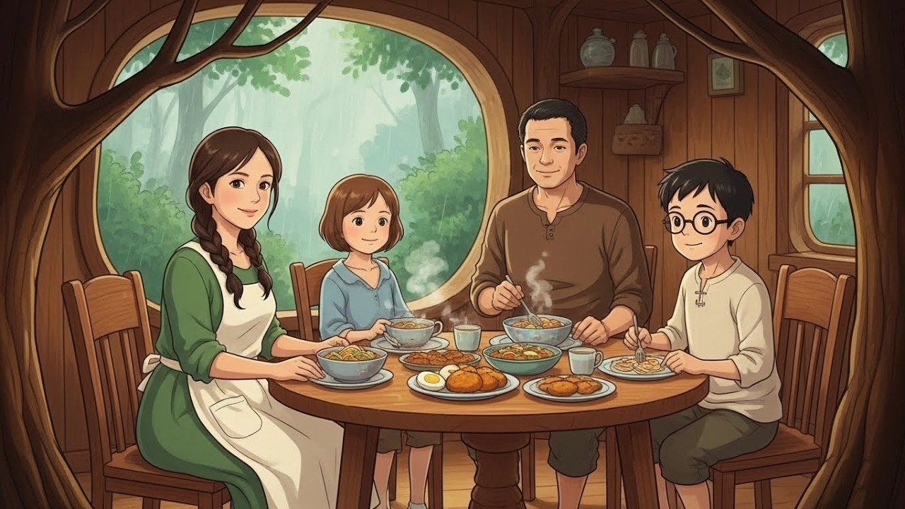 A Rainy Morning in Our Treehouse | A Warm, Quiet Family Meal | Ghibli-Style Video