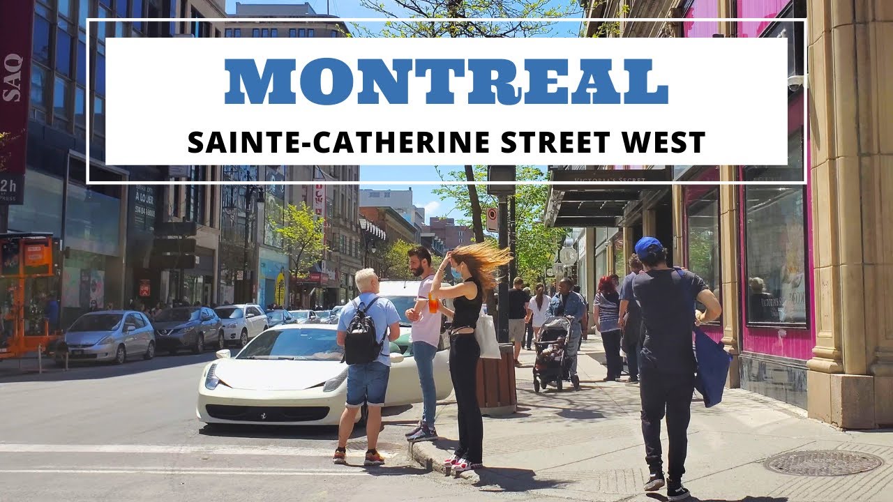 4K Sunny Day Downtown Montreal Walk (Sainte-Catherine Street West)