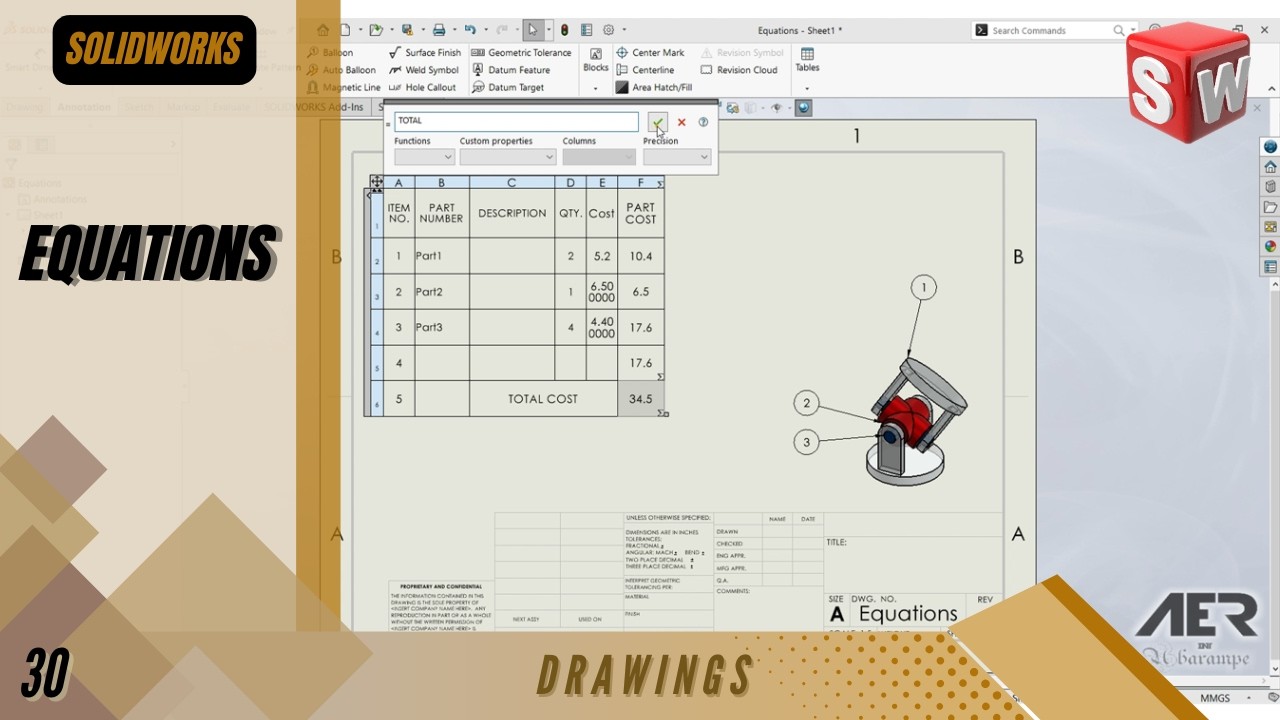 Уравнения | Чертежи | Учебник по Solidworks | Этап №30 Инженерный - AER Int.
