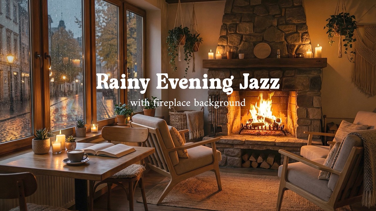 Rainy Evening Jazz 🌧️🔥 Cozy Fireplace Jazz with Realistic Motion for Relaxing, Study & Sleep 3 Hours