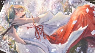 【水彩メイキング】桜の木漏れ日と巫女🌸 | Watercolor illustration | Cherry Blossom Tree and Shrine Maiden ”Miko”