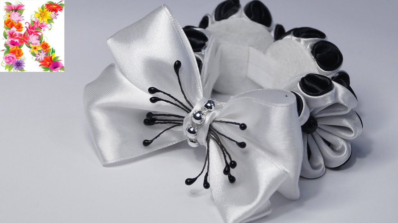 Резинка на гульку из цветов канзаши - YouTube