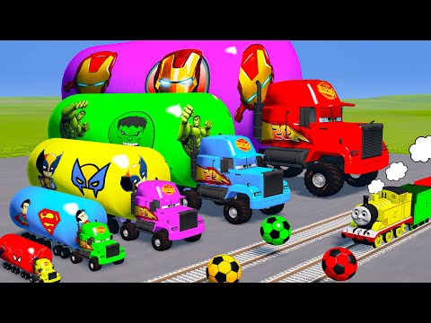 Big & Small Long Mack Truck with Tanker Super Hero vs Trains Thomas - Cars vs Rail and Trains