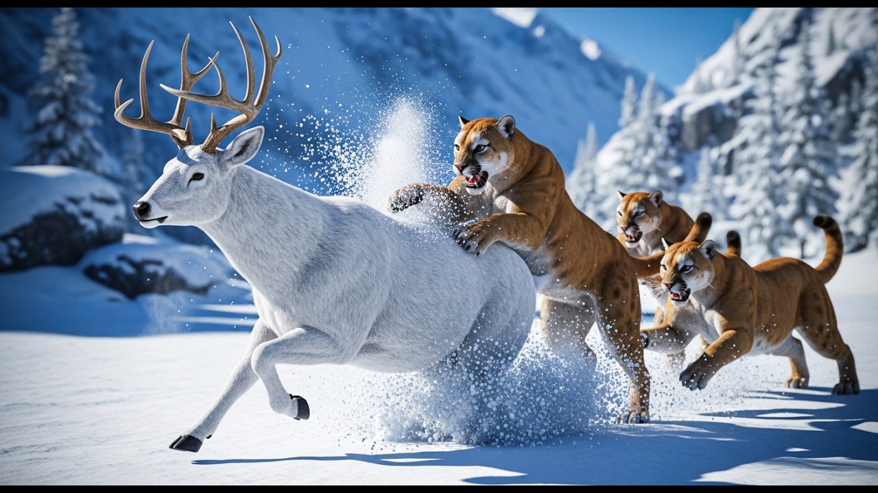 Relentless Pumas Chase a White Buck Across the Frozen Mountains