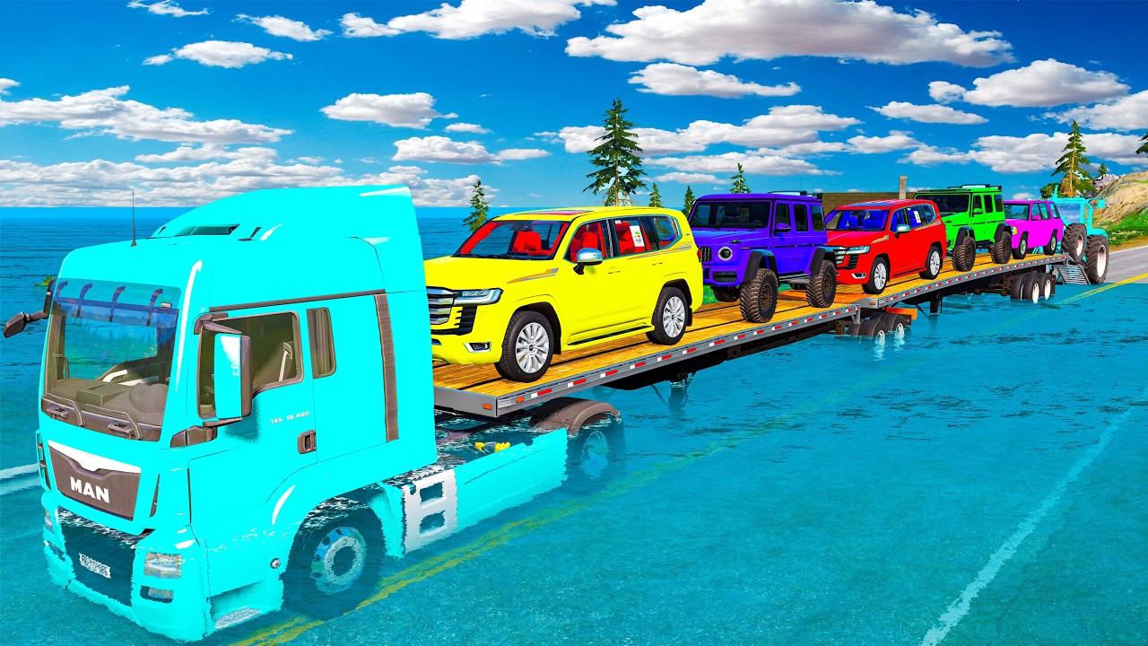 Five Flatbed Trailer McQueen Transportation with Truck - Speedbumps vs Cars vs Train - BeamNG #12