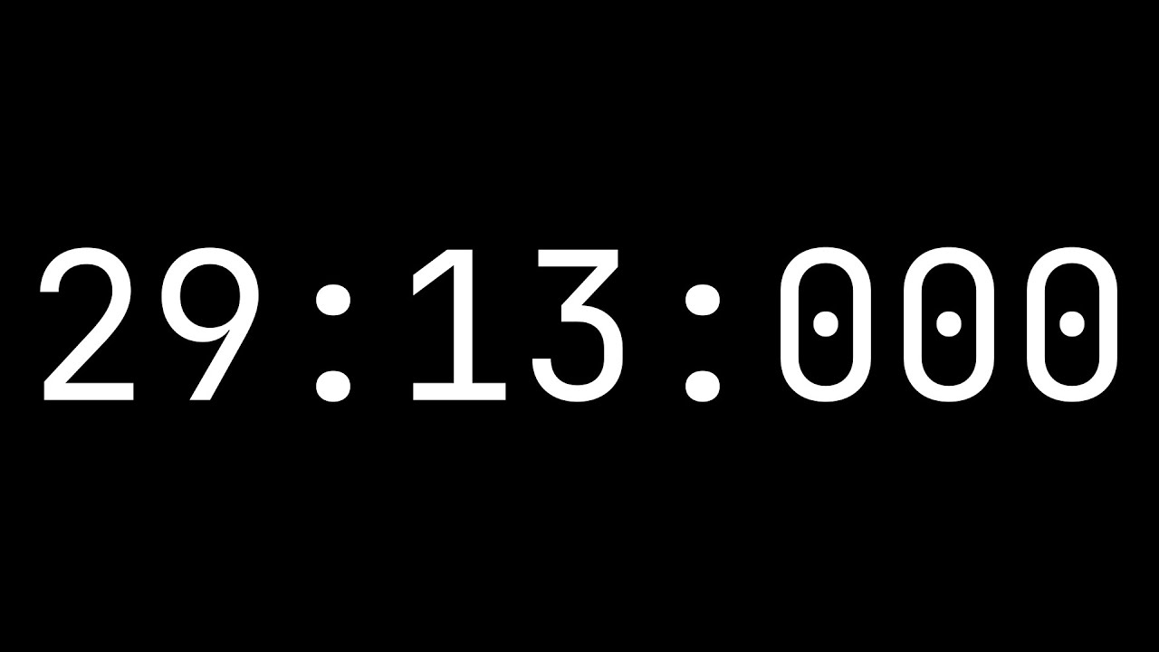 Countdown timer 29 minutes, 13 seconds [29:13:000] - White on black with milliseconds