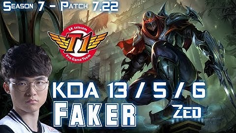 SKT T1 Faker ZED vs LUCIAN Mid - Patch 7.22 KR Ranked
