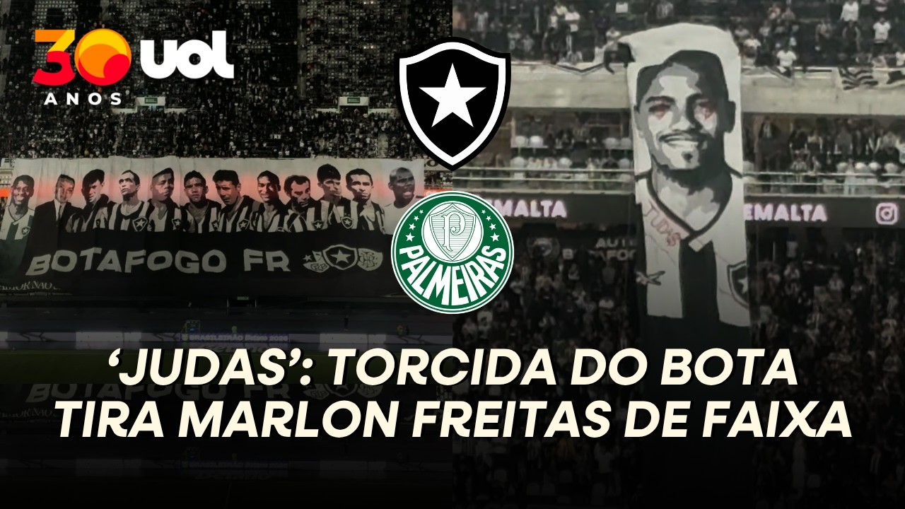 TORCIDA DO BOTAFOGO RETIRA MARLON FREITAS DE BANDEIRÃO E ESCREVE 'JUDAS' EM FAIXA CONTRA O PALMEIRAS