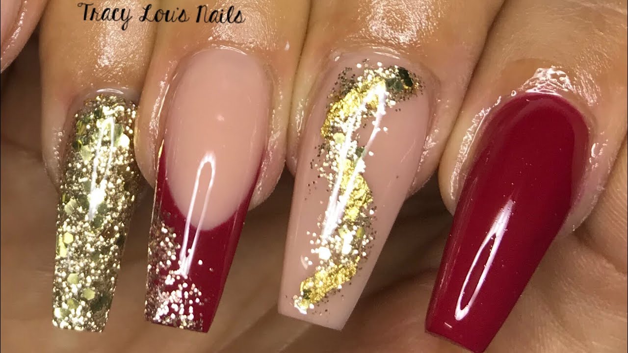 Elegant Christmas Nails - Red And Rose Gold Acrylic Nails - YouTube